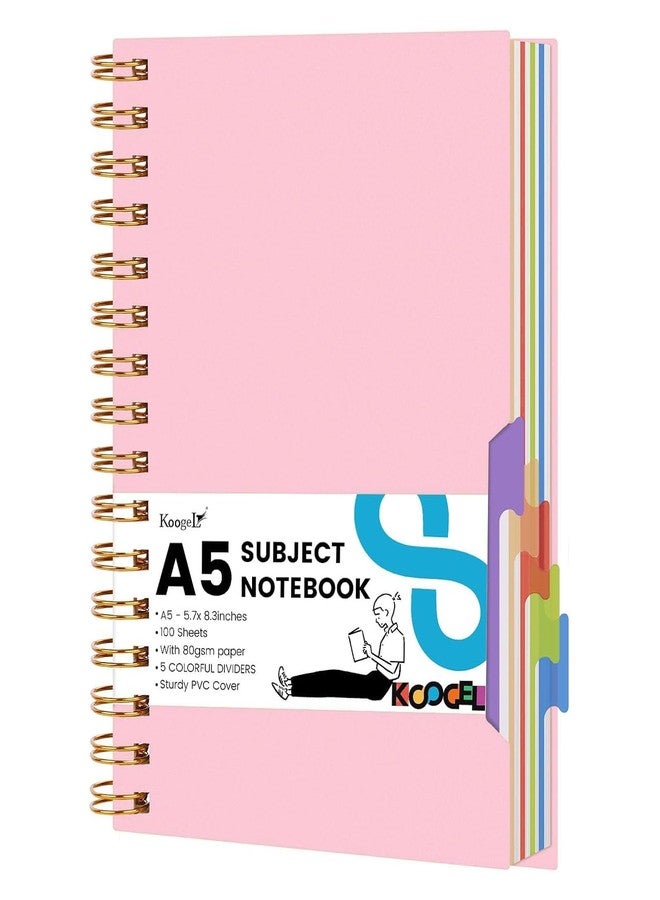 Koogel Spiral Notebook with Tabs, 5 Subject Spiral Notebook College Ruled with Removable Dividers, 200Pages Lined Journals for Women Journals Note Taking Work School Gifts, 5.7x8.3Inch, Pink - Image 1